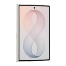 Samsung Galaxy Z Fold8 512GB blanco, vista frontal en ángulo: pantalla interior desplegada con fondo rosa y cámara