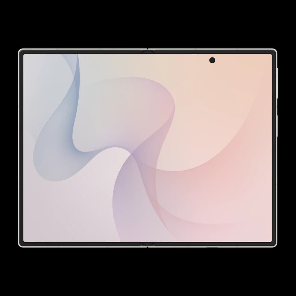 Samsung Galaxy Z Fold8 5G 512GB blanco, vista frontal abierto: pantalla interior desplegada con cámara bajo pantalla y marco