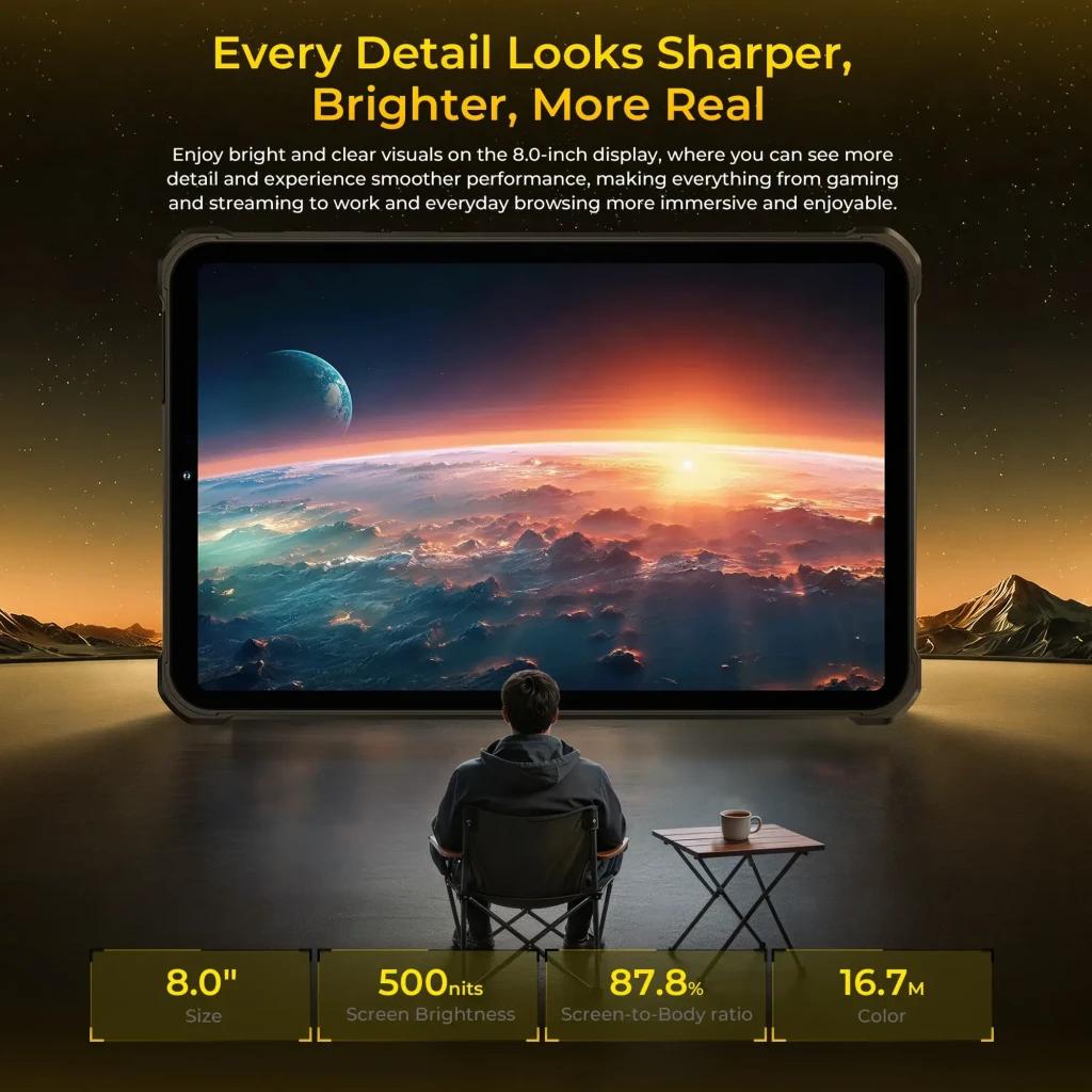 Tablet robusto Oukitel RT11 5G com ecrã IPS HD 8 pol, traseira rugosa listrada, módulo de câmaras múltiplas, moldura reforçada e design preto elegante - Item2