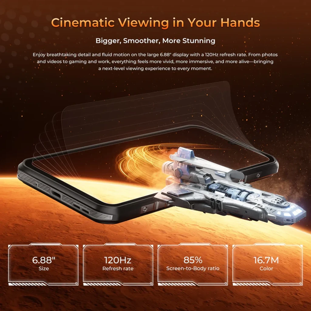 Oukitel WP68 Air 5G preto com corpo robusto, duas câmeras traseiras com anéis vermelhos, flash e tela IPS LCD HD+ 120 Hz com entalhe em gota - Item6