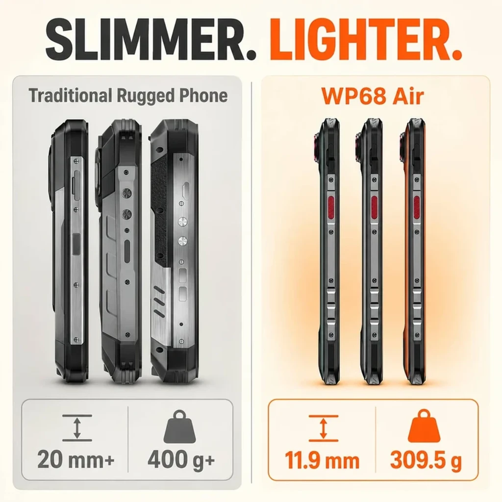 Oukitel WP68 Air 5G preto com corpo robusto, duas câmeras traseiras com anéis vermelhos, flash e tela IPS LCD HD+ 120 Hz com entalhe em gota - Item8
