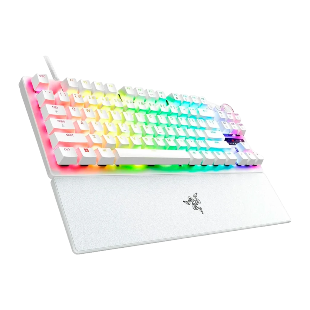 Razer Huntsman V3 Pro Tenkeyless Blanco, vista superior: teclas blancas con retroiluminación RGB arcoíris y reposamanos con - Ítem1