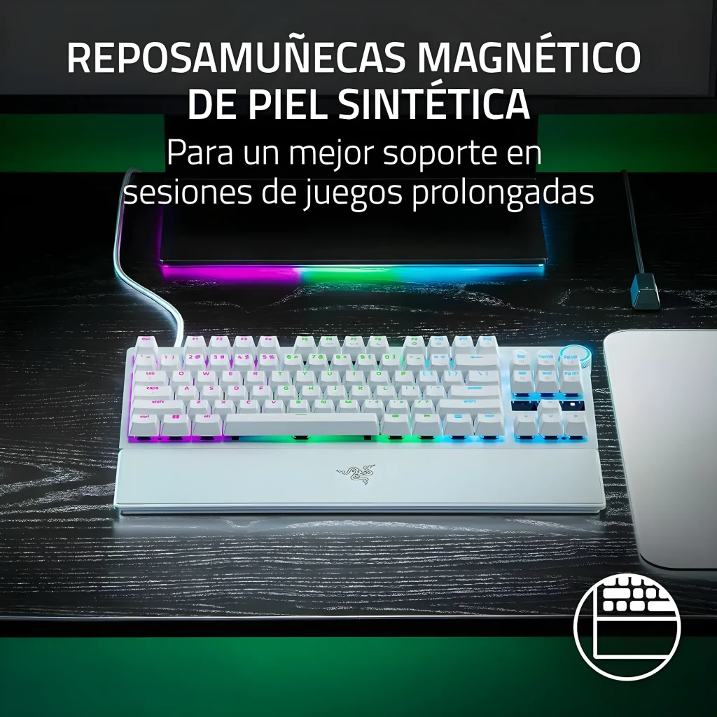 Razer Huntsman V3 Pro Tenkeyless Blanco, vista superior: teclas blancas con retroiluminación RGB arcoíris y reposamanos con - Ítem3