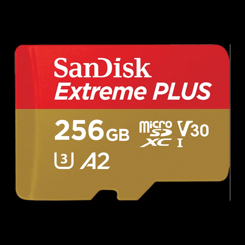 SanDisk microSDXC GamePlay 256GB Azul, vista frontal: cara con logo Extreme PLUS, 256GB, A2, V30 y U3
