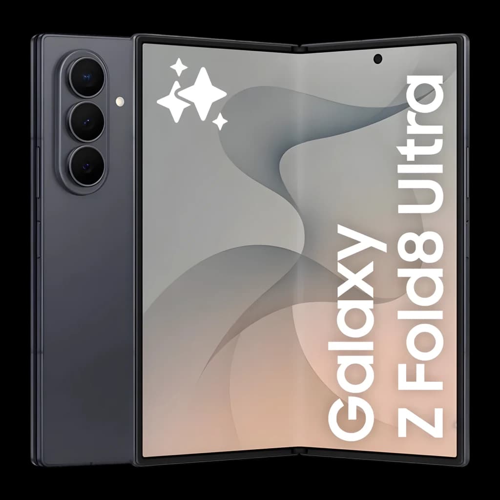Samsung Galaxy Z Fold8 512GB grafito, vista frontal y trasera: plegable abierto, pantalla con logo y módulo de cámaras