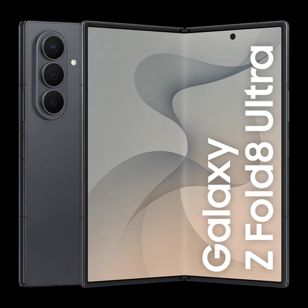 Samsung Galaxy Z Fold8 Ultra 512GB Grafite, vista frontal e traseira: dobrável aberto, módulo de câmeras traseiro e ecrã