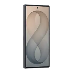 Samsung Galaxy Z Fold8 Ultra 512GB grafite, vista frontal em ângulo: ecrã ligado com fundo abstrato e câmara frontal centrada