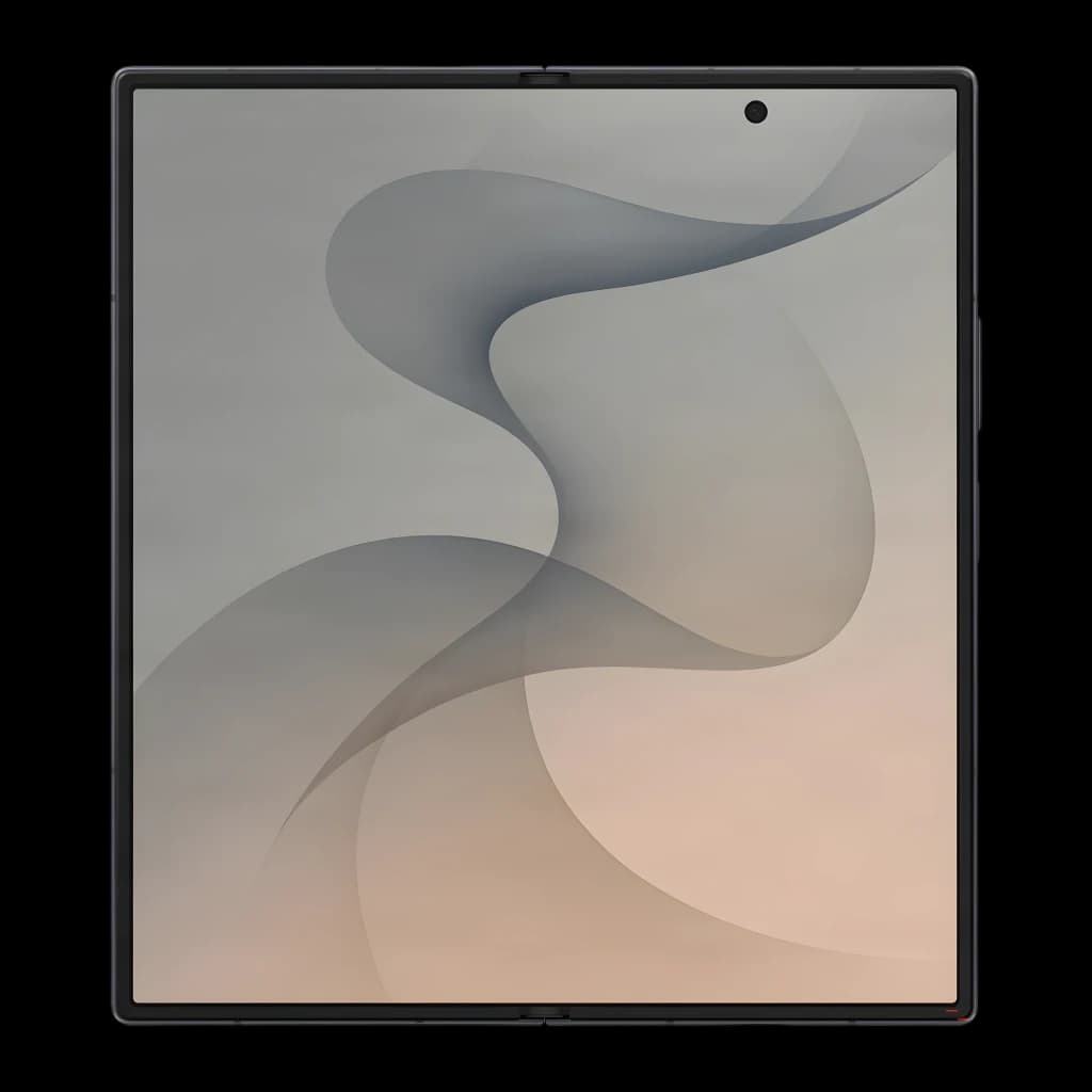 Samsung Galaxy Z Fold8 Ultra 512GB Grafite, vista frontal: ecrã interior dobrável aberto com fundo de ondas cinza e bege