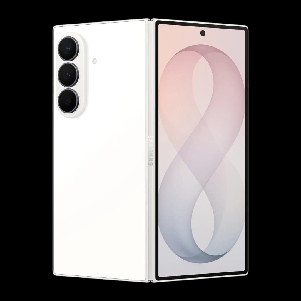 Samsung Galaxy Z Fold8 Ultra 512GB Creme, vista diagonal: traseira com módulo de câmeras e ecrã frontal desdobrado ligado