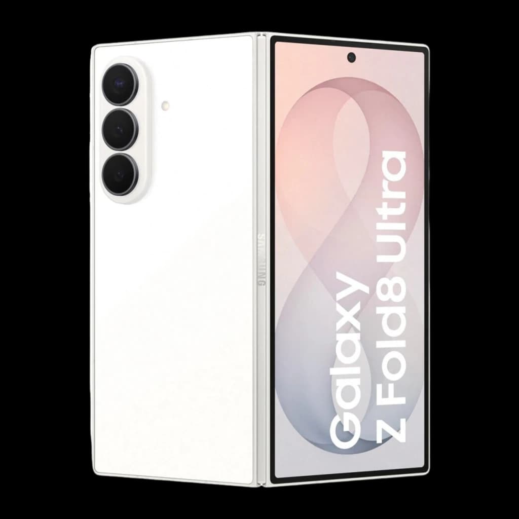 Samsung Galaxy Z Fold8 Ultra 512GB Creme, vista traseira-frontal: módulo de 3 câmeras e ecrã exterior aberto
