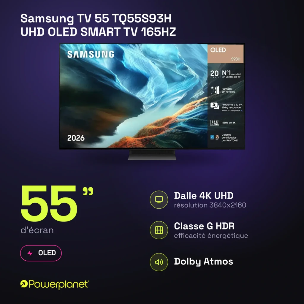 Samsung TQ55S93H 55 OLED UHD Preto, vista frontal: ecrã com infografia de características, moldura fina e pé central - Item7