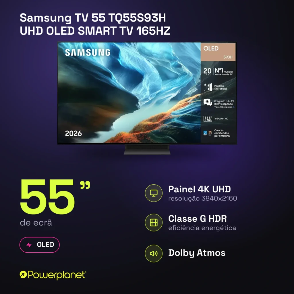 Samsung TQ55S93H 55 OLED UHD Preto, vista frontal: ecrã com infografia de características, moldura fina e pé central - Item6