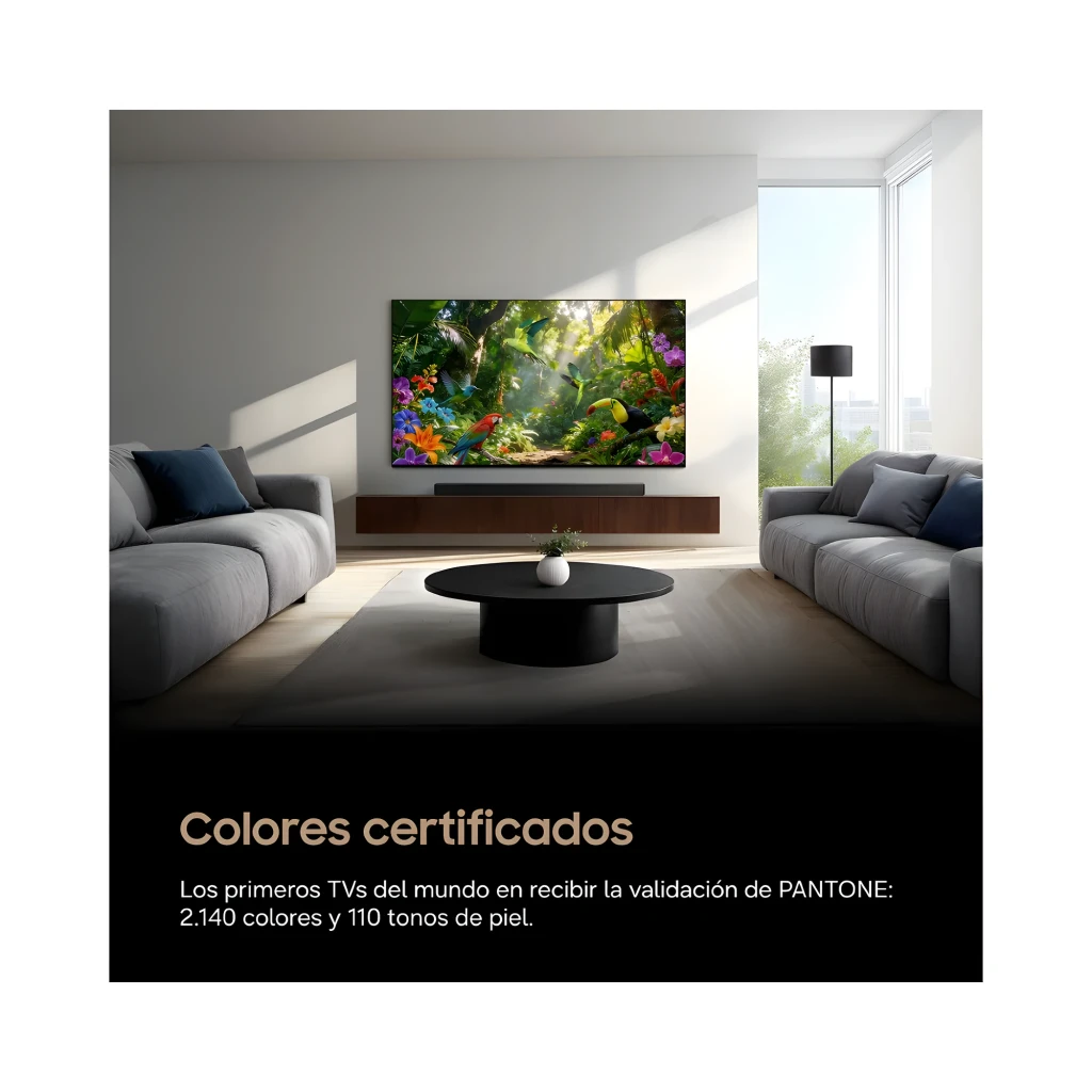Samsung TQ55S93H 55 OLED UHD Preto, vista frontal: ecrã com infografia de características, moldura fina e pé central - Item2