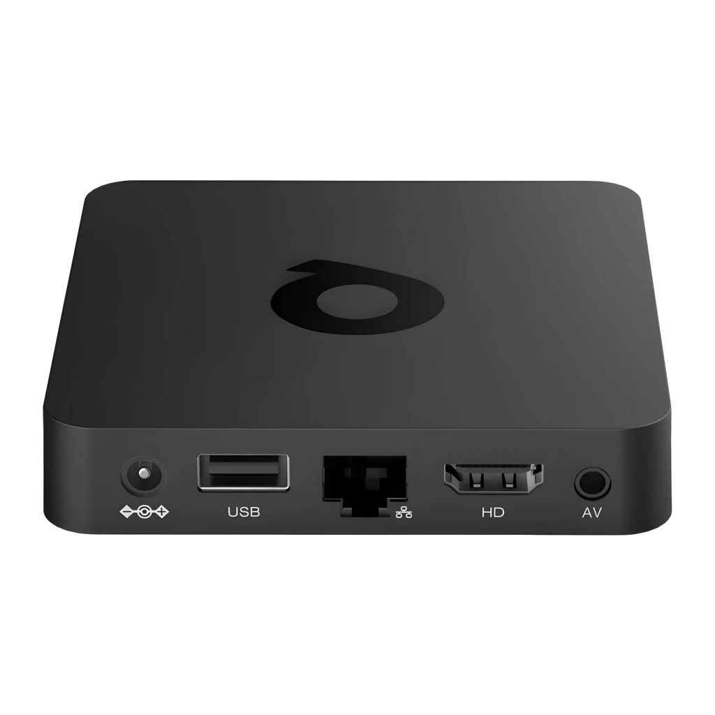 Q1 ATV RK3518 8K 16GB noir, vue avant en angle: logo Q centré sur surface mate, côté droit visible - Ítem2