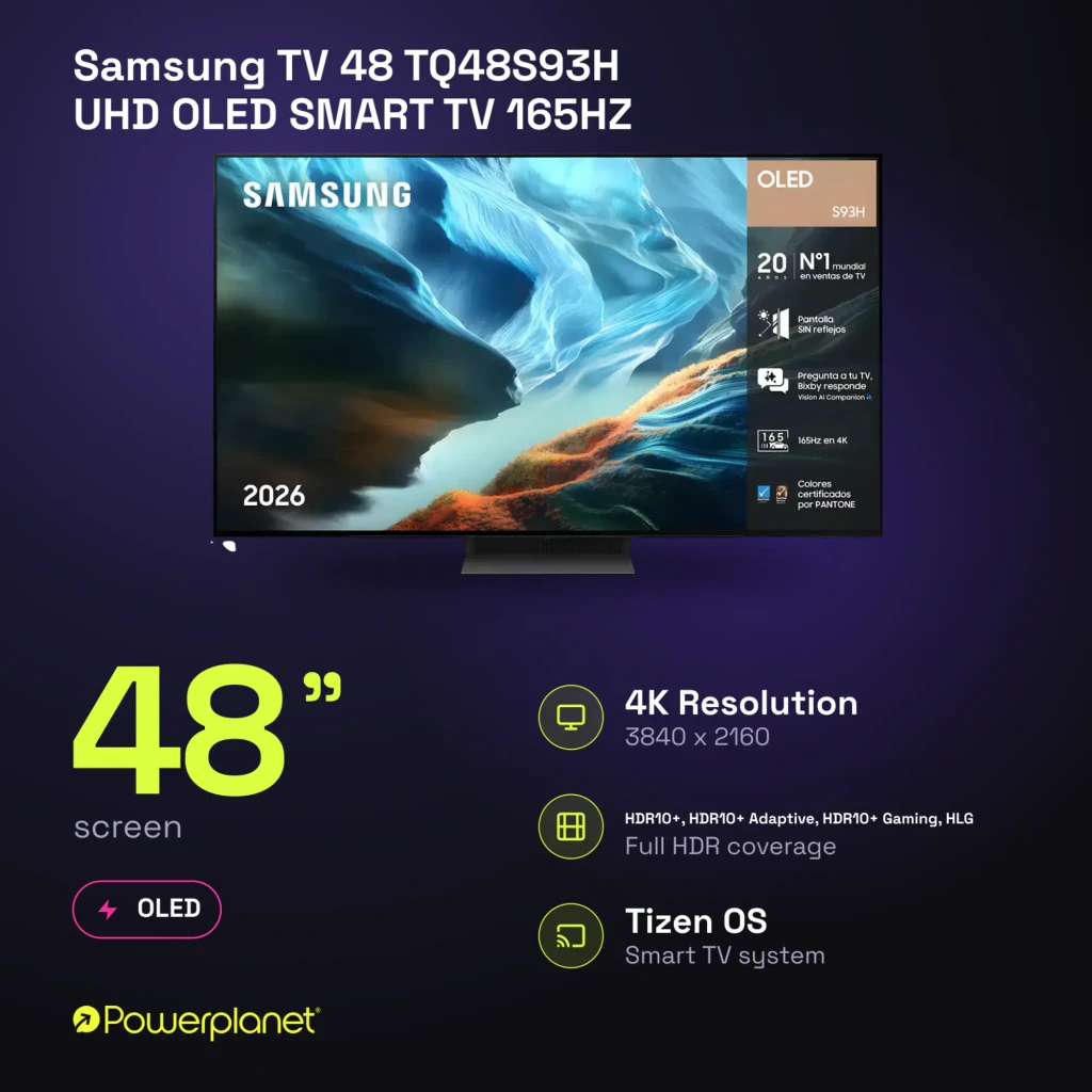 Samsung TQ48S93H 48 OLED UHD 165Hz, vista frontal: ecrã com infografia de características e pé central - Item8