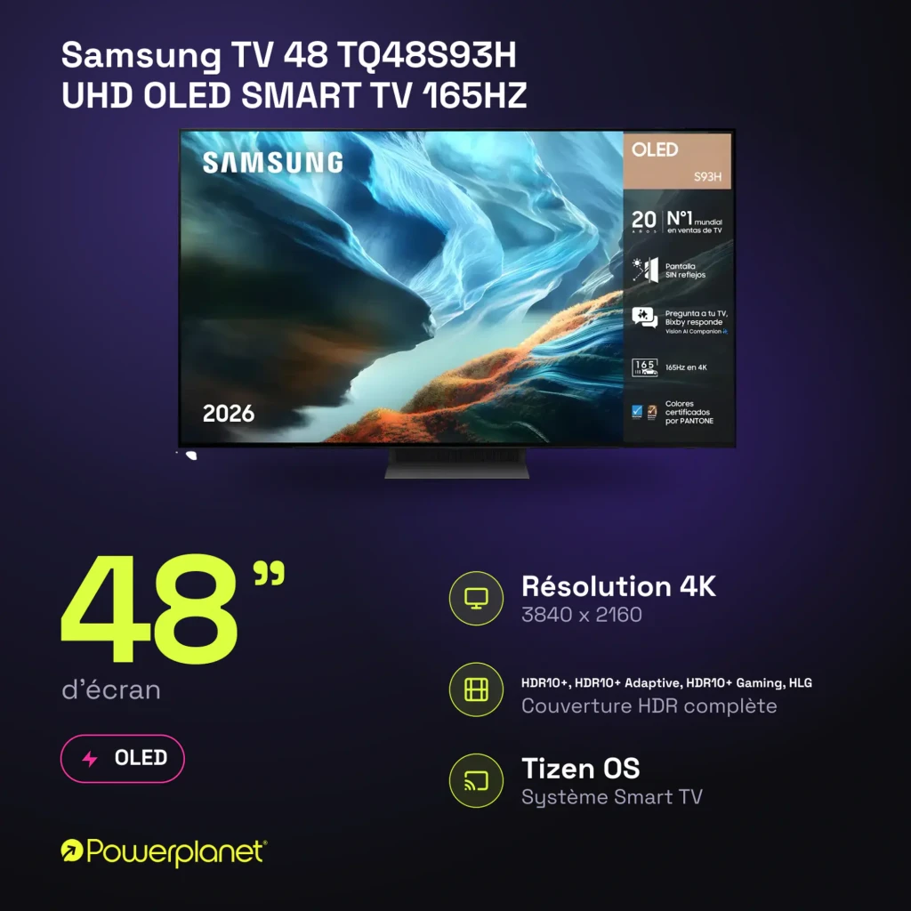 Samsung TQ48S93H 48 OLED UHD 165Hz, vista frontal: ecrã com infografia de características e pé central - Item7