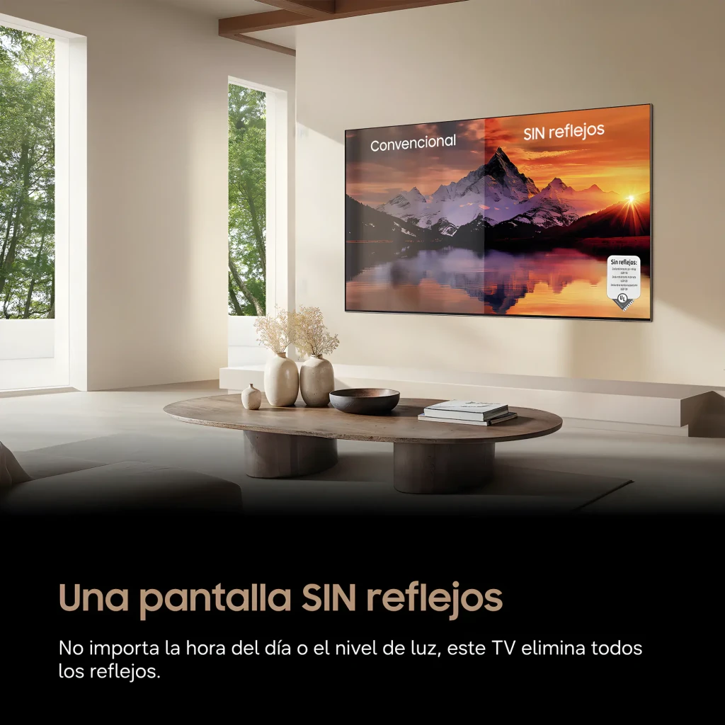Samsung TQ48S93H 48 OLED UHD 165Hz, vista frontal: ecrã com infografia de características e pé central - Item2