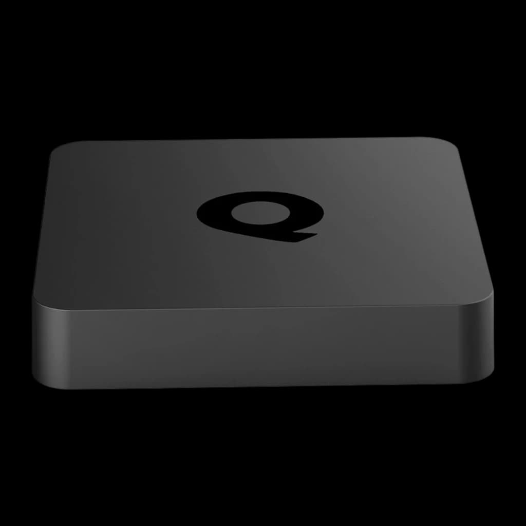 Q1 RK3518 8K 2GB/8GB Android 13 noir, vue en perspective: dessus avec logo Q en relief et coins arrondis