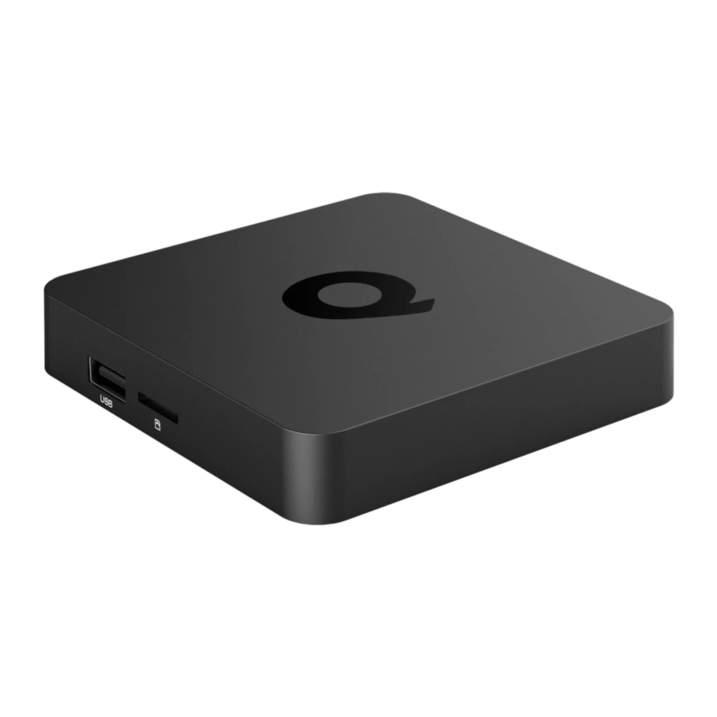 Q1 RK3518 8K 2GB/8GB Android 13 noir, vue en perspective: dessus avec logo Q en relief et coins arrondis - Ítem2