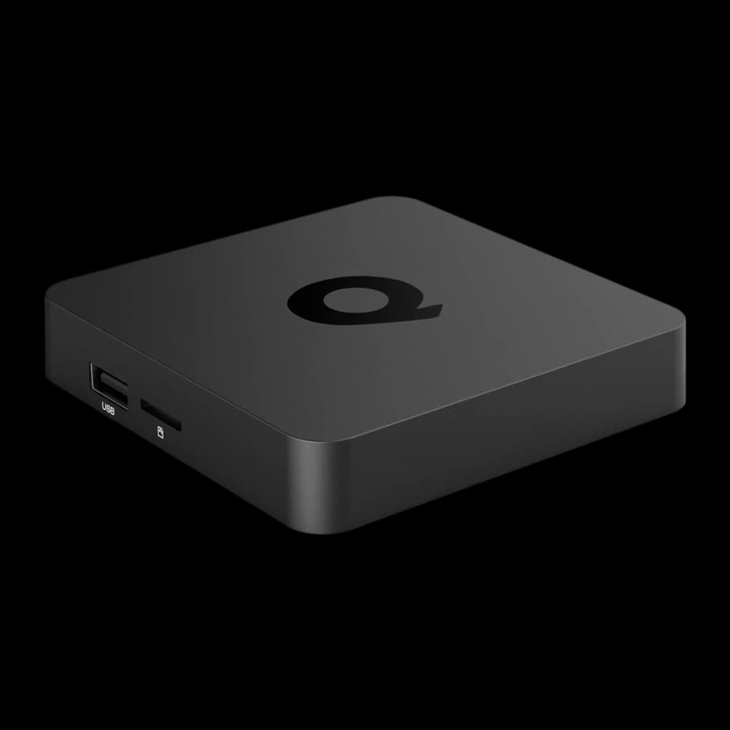 Q1 RK3518 8K 2GB/8GB Android 13 noir, vue latérale avant: port USB et slot microSD visibles sur le côté gauche