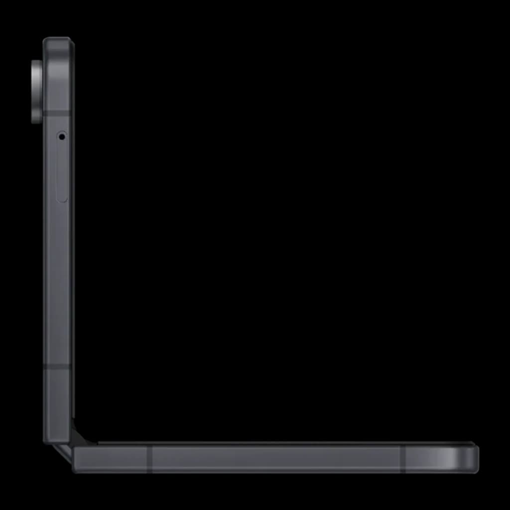 Samsung Galaxy Flip8 5G 512GB grafite, vista lateral: dobrado em ângulo reto mostrando dobradiça e módulo de câmeras