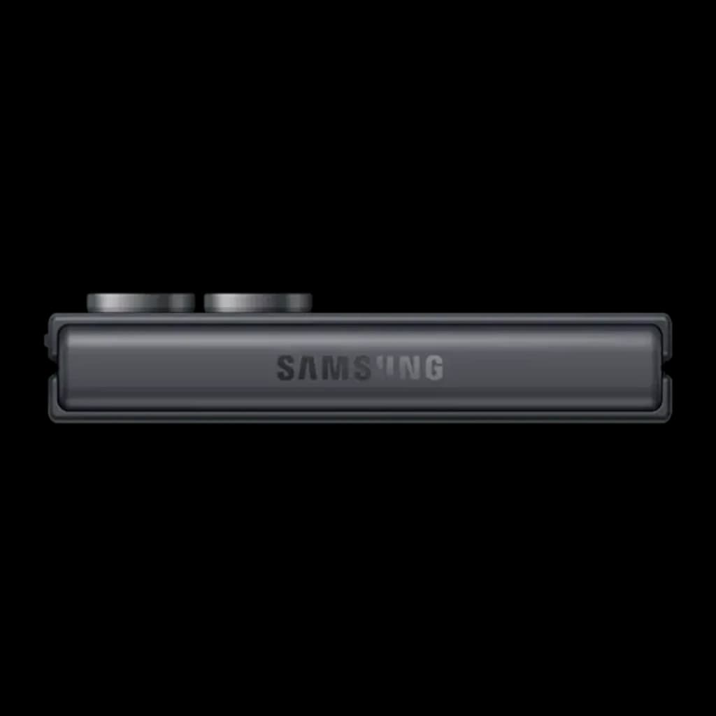 Samsung Galaxy Flip8 512GB grafite, vista superior dobrado: módulo de câmeras e logo Samsung visíveis