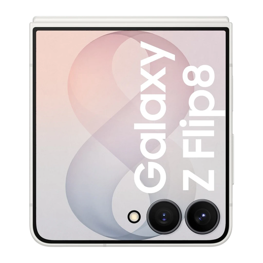 Samsung Galaxy Z Flip8 512GB Crema, vista frontal y trasera: plegable abierto con pantalla y módulo de cámaras dual visibles - Ítem3
