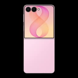 Samsung Galaxy Flip8 5G 512GB Rosa, vista traseira: design dobrável aberto, ecrã exterior com número 8 e módulo de câmeras