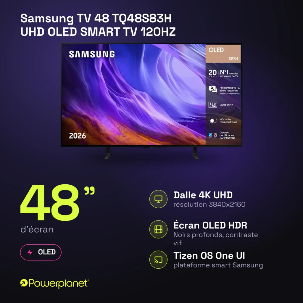 Samsung TV 48 TQ48S83H OLED preto, vista frontal: ecrã com ondas roxas e especificações OLED 120Hz - Item7