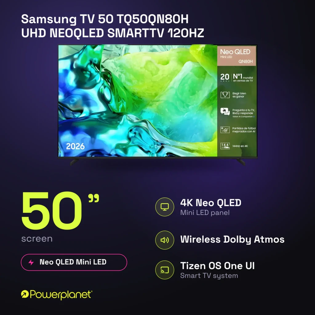 Samsung TV 50 QN80H Neo QLED negro, vista frontal: pantalla con infografía de características y marco fino - Ítem10