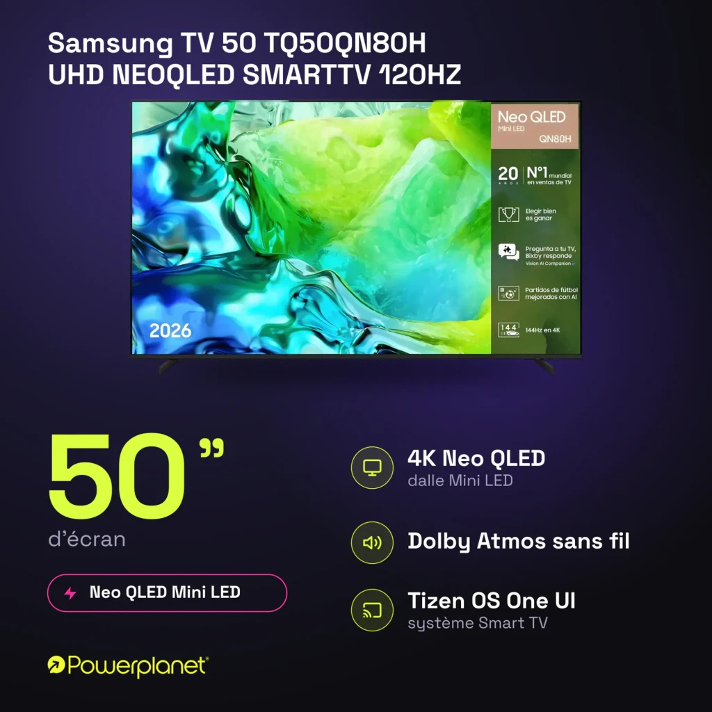 Samsung TV 50 QN80H Neo QLED negro, vista frontal: pantalla con infografía de características y marco fino - Ítem9