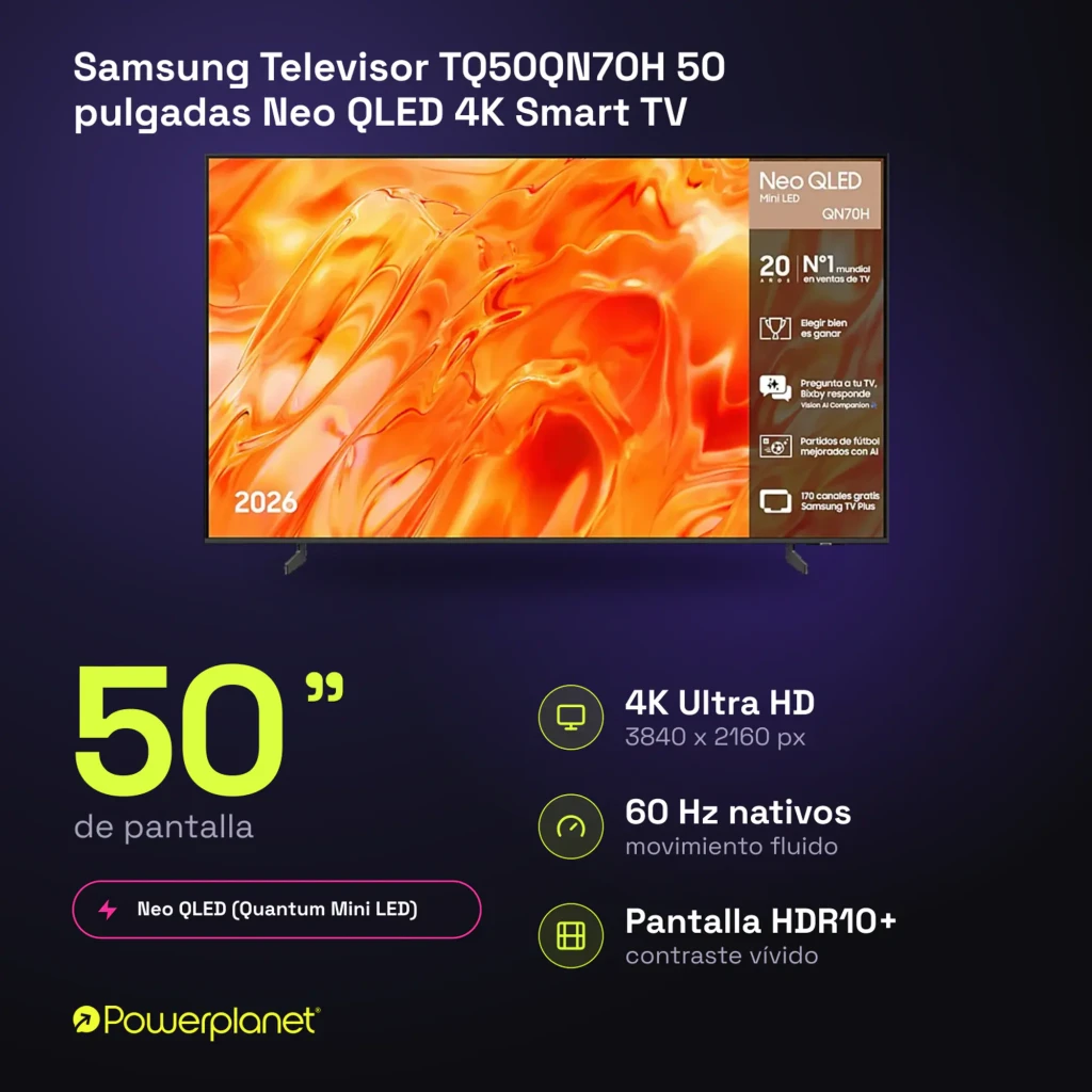 Samsung TQ50QN70H 50 pouces Neo QLED 4K noir titane, vue de face: écran avec image orange et pied central - Ítem9