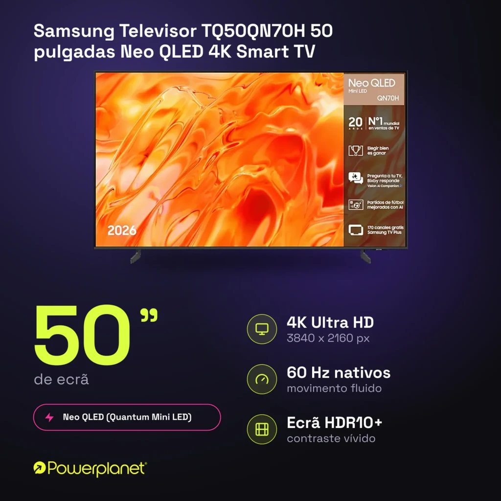 Samsung TQ50QN70H 50 pouces Neo QLED 4K noir titane, vue de face: écran avec image orange et pied central - Ítem10