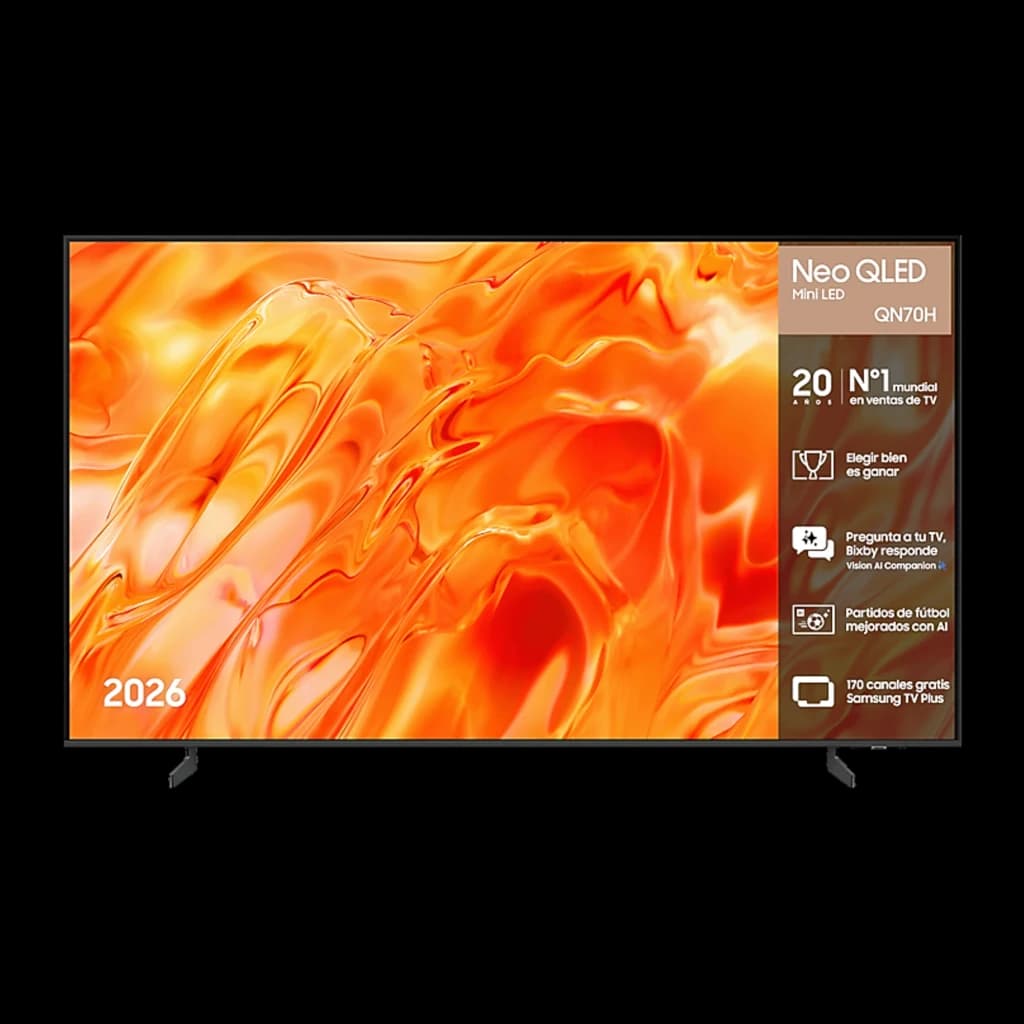 Samsung TQ50QN70H 50 pouces Neo QLED 4K noir titane, vue de face: écran avec image orange et pied central