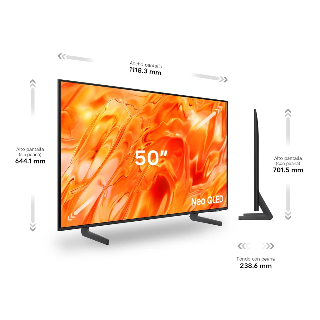 Samsung TQ50QN70H 50 pouces Neo QLED 4K noir titane, vue de face: écran avec image orange et pied central - Ítem7