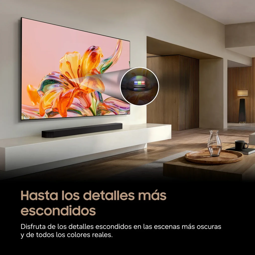 Samsung TQ50QN70H 50 pouces Neo QLED 4K noir titane, vue de face: écran avec image orange et pied central - Ítem2