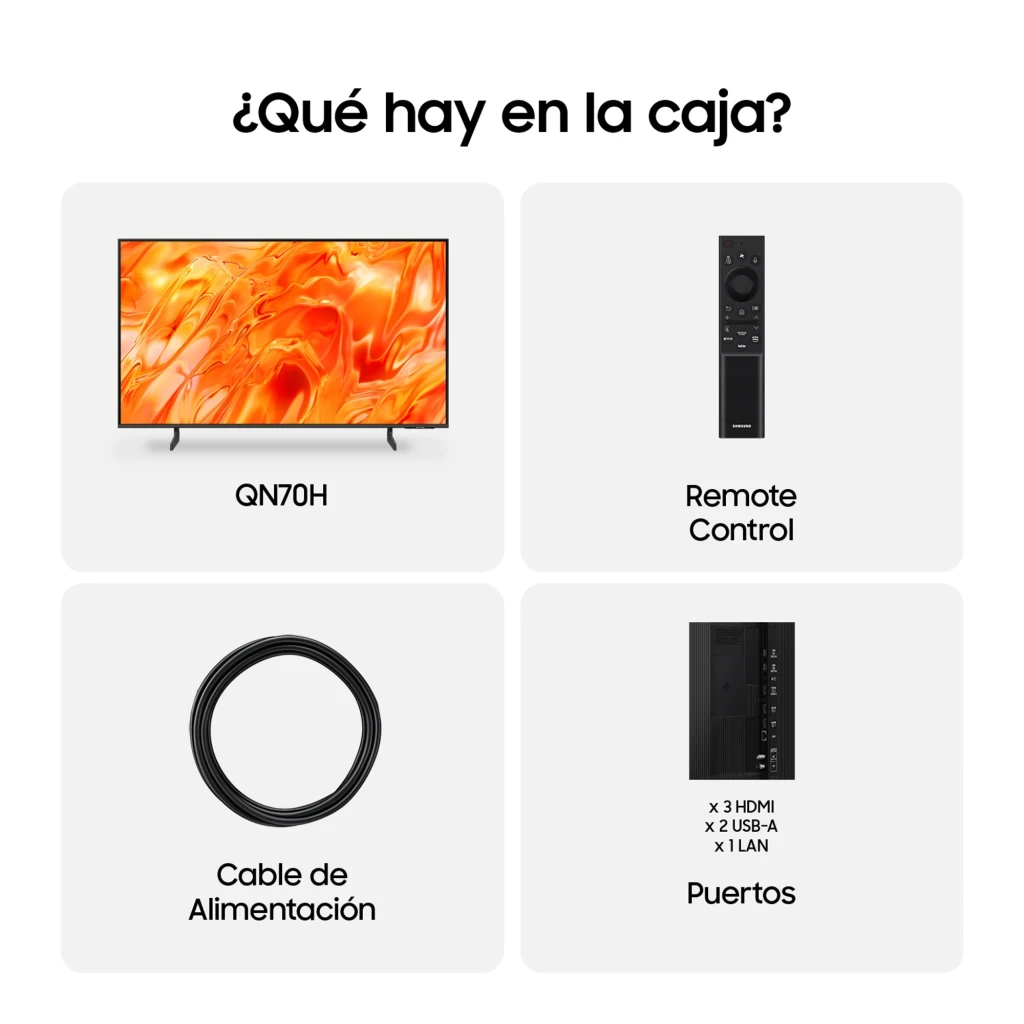 Samsung TQ50QN70H 50 pouces Neo QLED 4K noir titane, vue de face: écran avec image orange et pied central - Ítem8