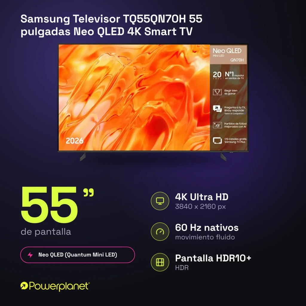 Samsung TQ55QN70H 55 pouces Neo QLED 4K noir, vue de face: écran allumé avec image orange vive et bordure fine noire - Ítem9