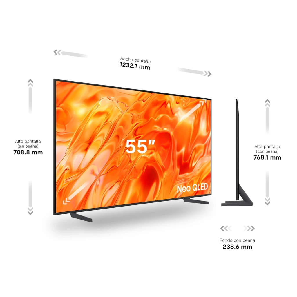 Samsung TQ55QN70H 55 pouces Neo QLED 4K noir, vue de face: écran allumé avec image orange vive et bordure fine noire - Ítem8