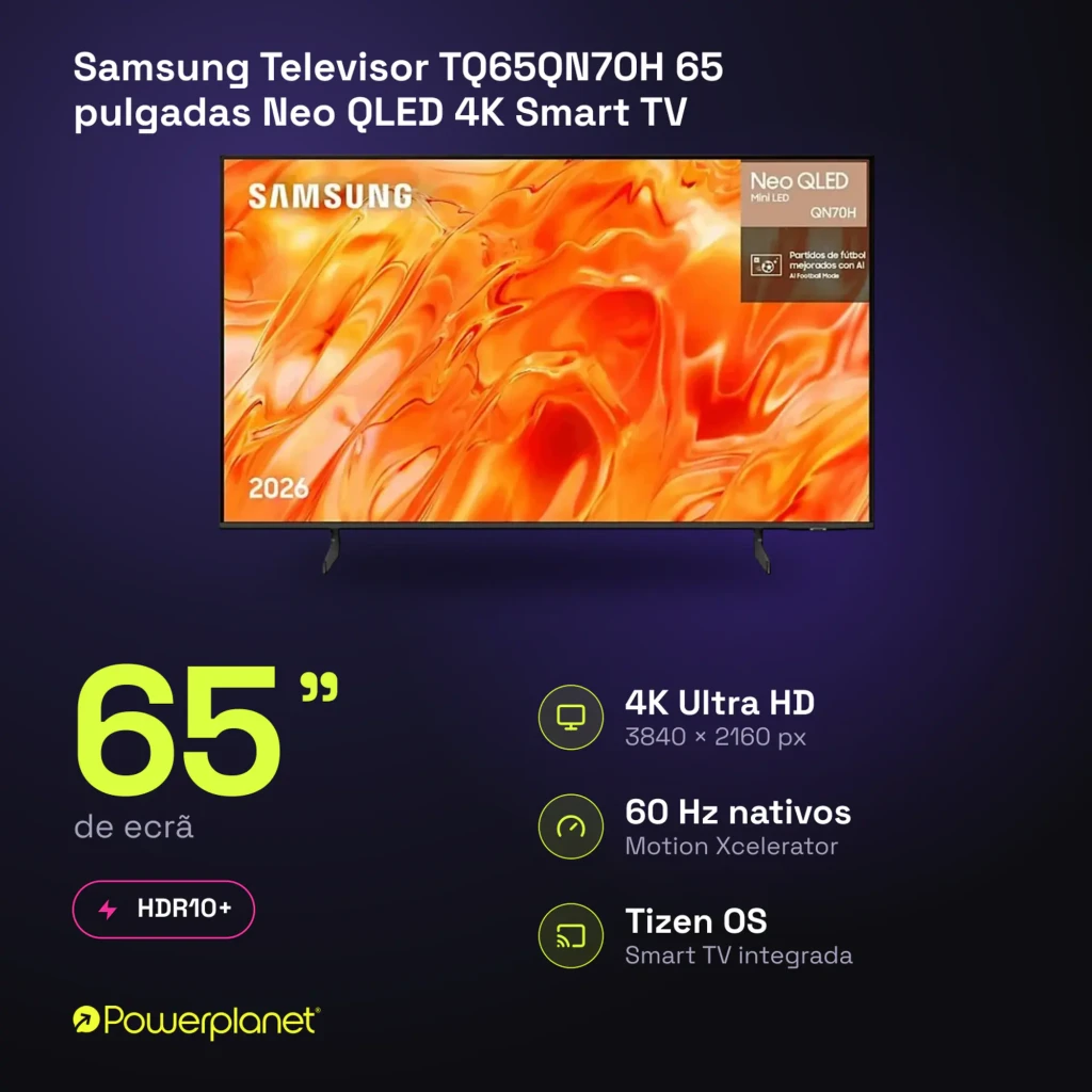 Samsung TQ65QN70H 65 pouces Neo QLED 4K noir, vue de face: écran avec image orange vive et bordure fine noire - Ítem10