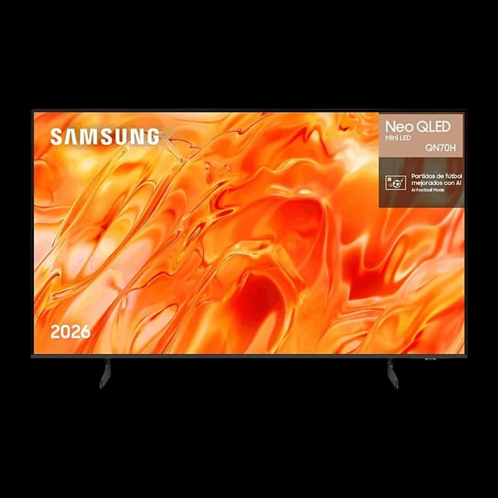 Samsung TQ65QN70H 65 pouces Neo QLED 4K noir, vue de face: écran avec image orange vive et bordure fine noire
