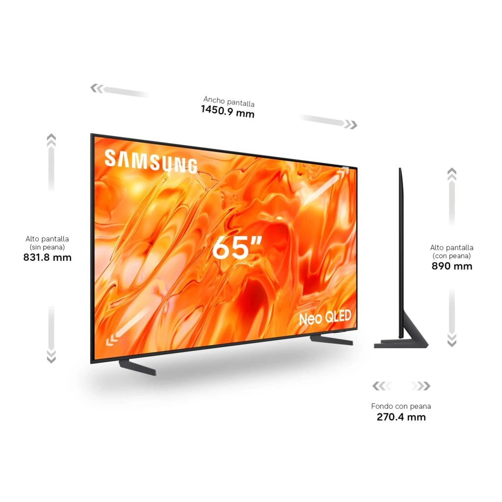 Samsung TQ65QN70H 65 pouces Neo QLED 4K noir, vue de face: écran avec image orange vive et bordure fine noire - Ítem7