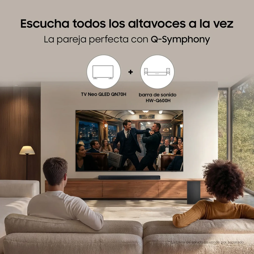 Samsung TQ65QN70H 65 pouces Neo QLED 4K noir, vue de face: écran avec image orange vive et bordure fine noire - Ítem6