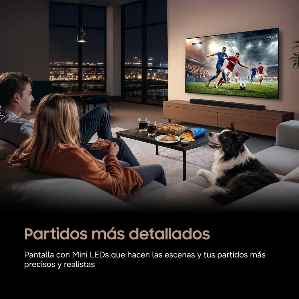 Samsung TU85M73H 85 polegadas Mini LED 4K Preto titânio, lifestyle: casal e cão na sala assistindo jogo de futebol na tela