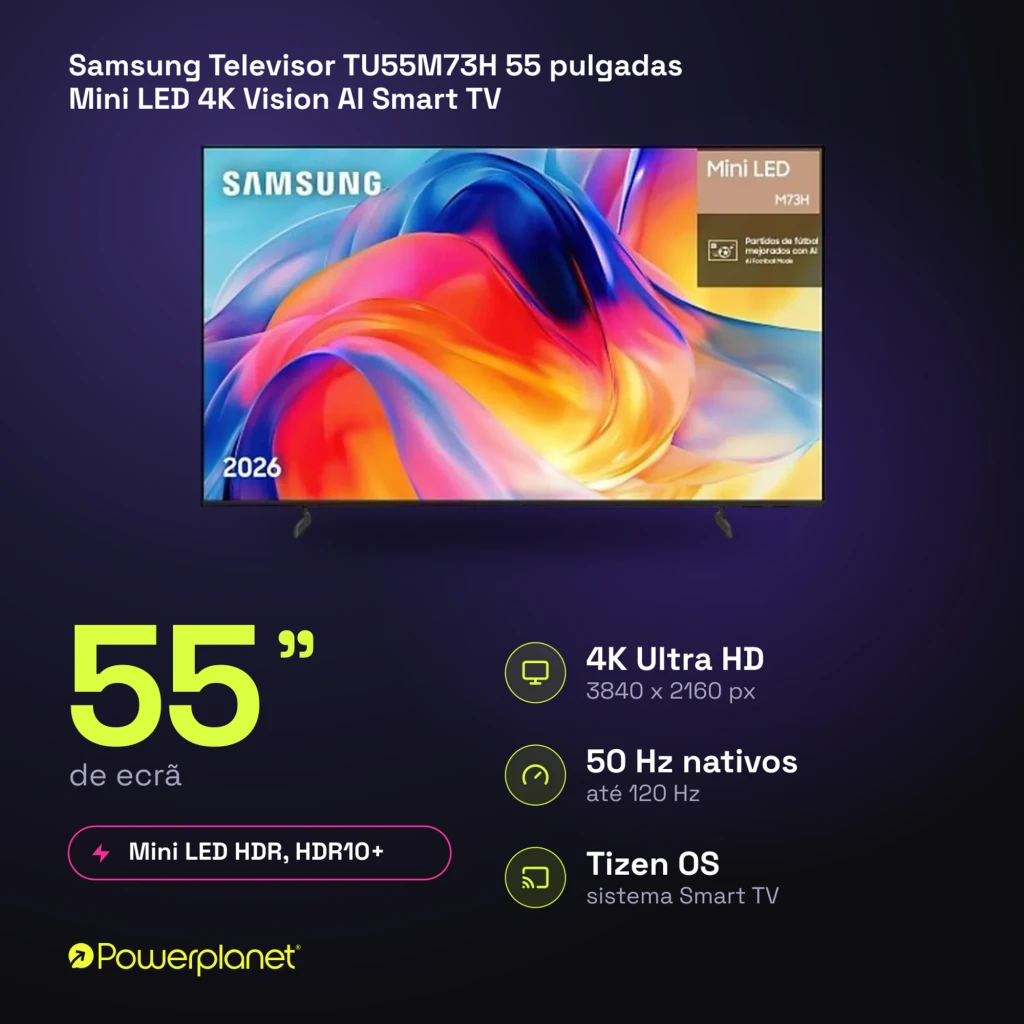 Samsung TU55M73H 55 pulgadas Mini LED 4K Gris, vista frontal: pantalla con imagen colorida, marco fino y pies - Ítem11