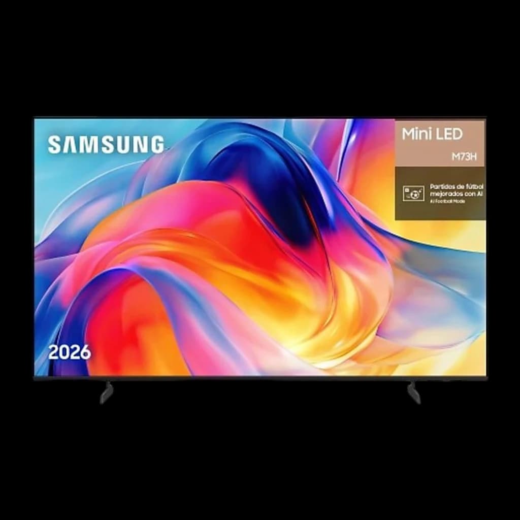 Samsung TU55M73H 55 pouces Mini LED 4K Gris, vue de face: écran coloré, bordure fine et pieds de support