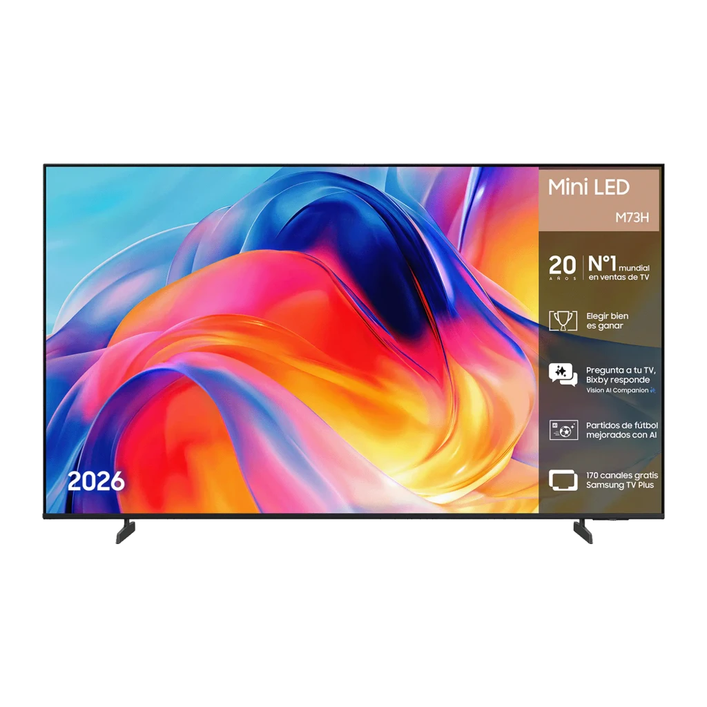 Samsung TU55M73H 55 pulgadas Mini LED 4K Gris, vista frontal: pantalla con imagen colorida, marco fino y pies - Ítem9