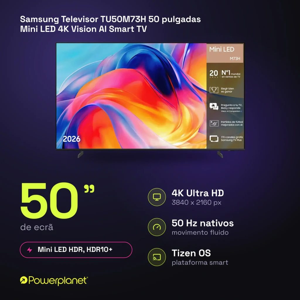 Samsung TU50M73H 50 pulgadas Mini LED 4K Negro, vista frontal: pantalla con infografía de características y marco fino negro - Ítem10