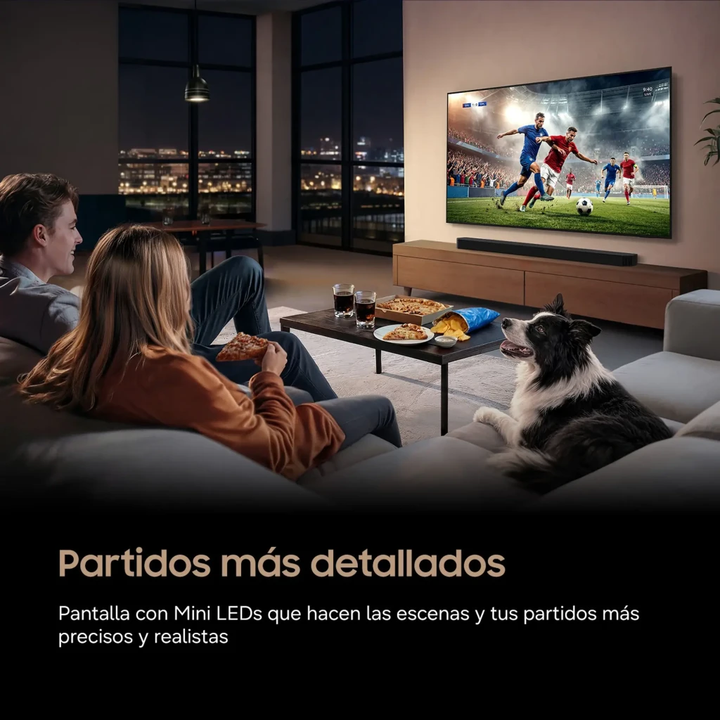 Samsung TU50M73H 50 pulgadas Mini LED 4K Negro, vista frontal: pantalla con infografía de características y marco fino negro - Ítem2
