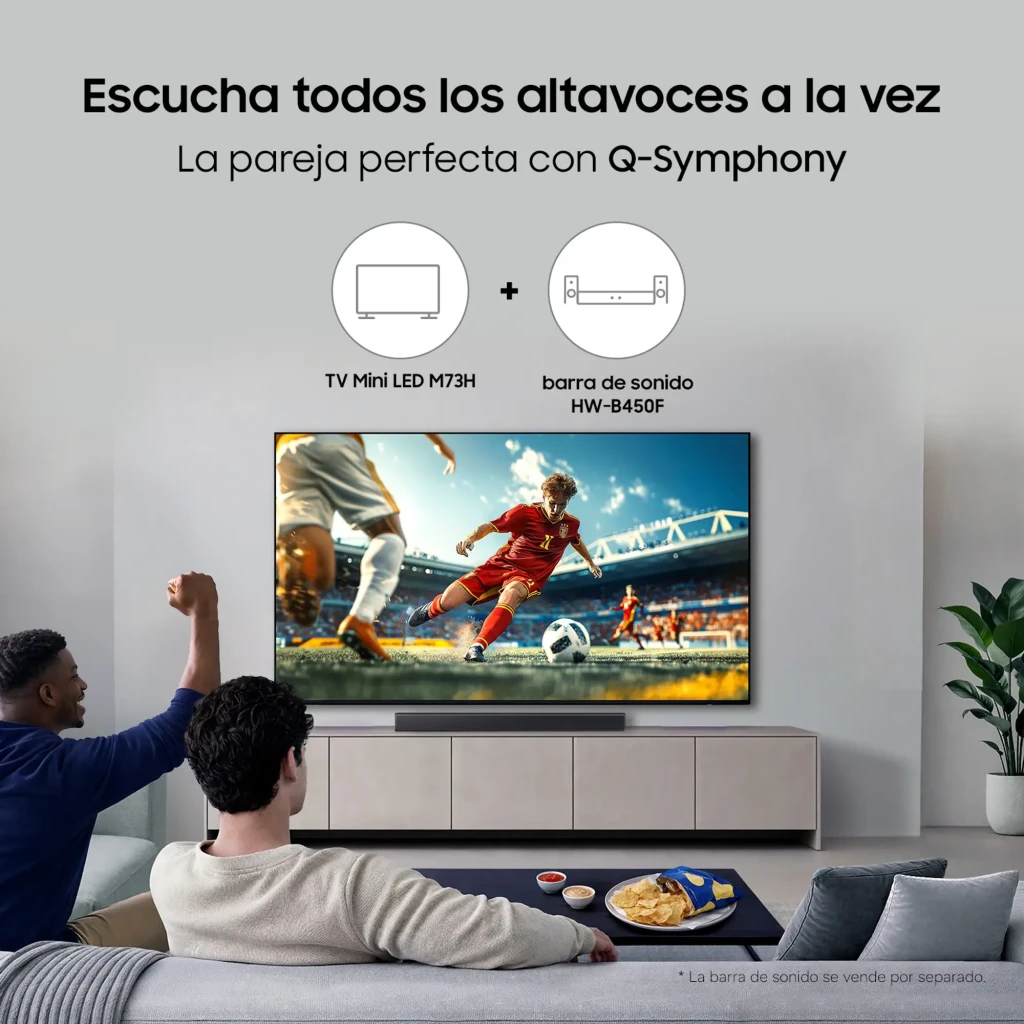 Samsung TU50M73H 50 pulgadas Mini LED 4K Negro, vista frontal: pantalla con infografía de características y marco fino negro - Ítem5